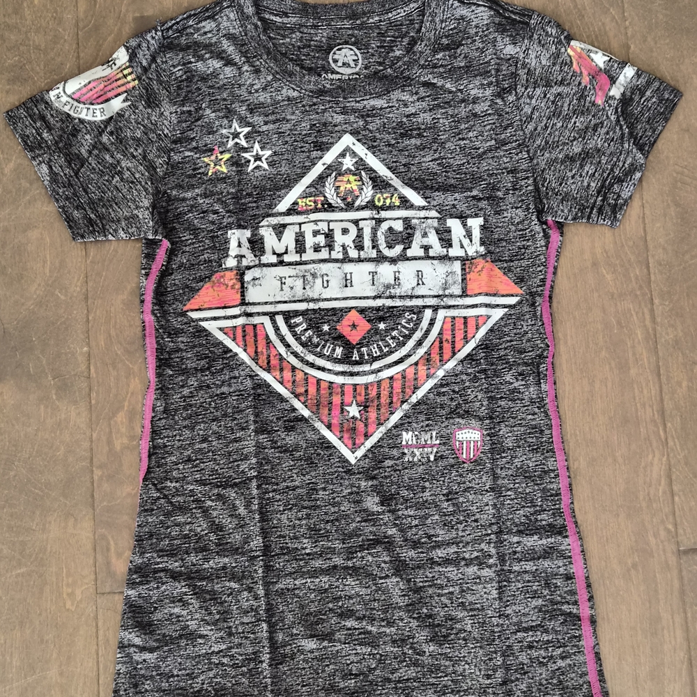 American Fighter Charcoal Tee with Pink and White Graphics